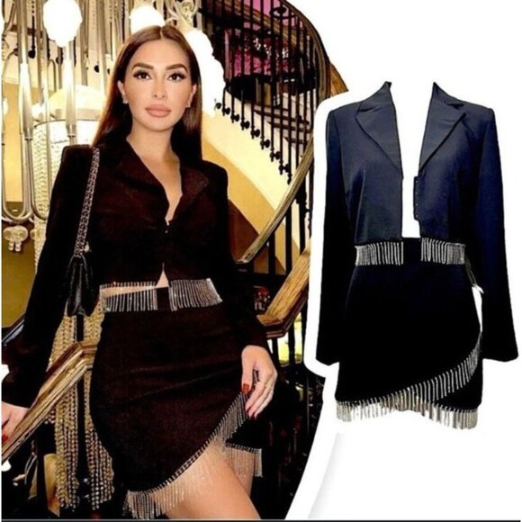 House of Harlow 1960 Black Rhinestone Suit Blazer Top Mini Skirt Set LARGE NEW - Picture 1 of 11